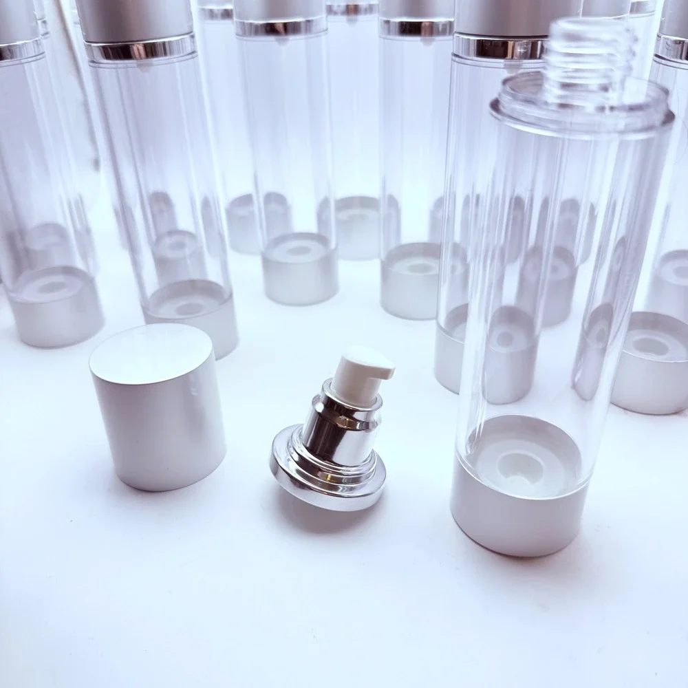 Lot of 15 Clear Airless Pump Bottles Silver Caps 50ml Travel Size